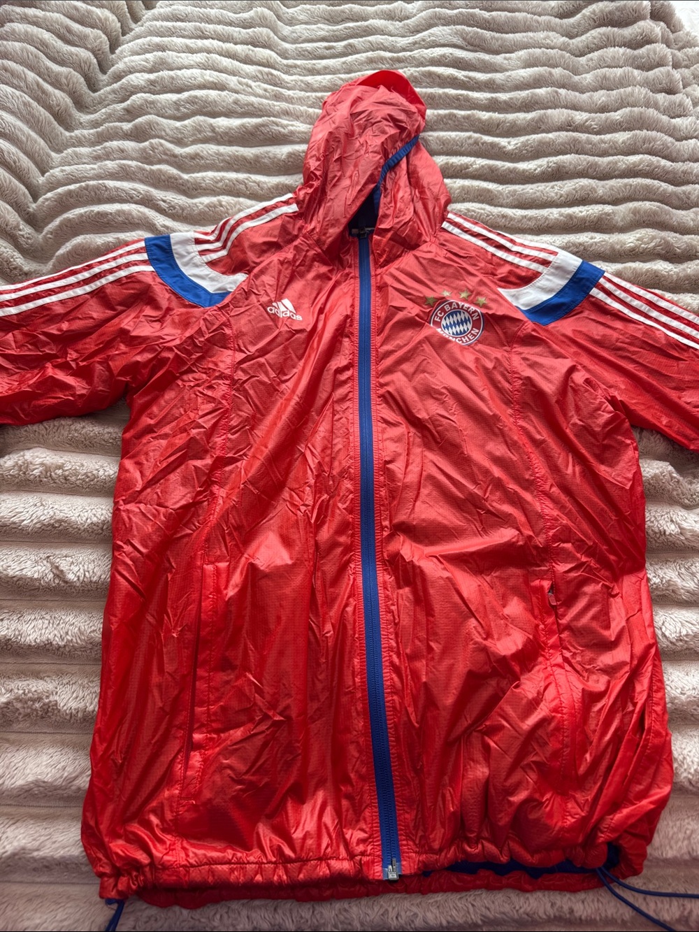 Bayern Munich Hooded Rain Jacket with Blue Trim- Adidas
